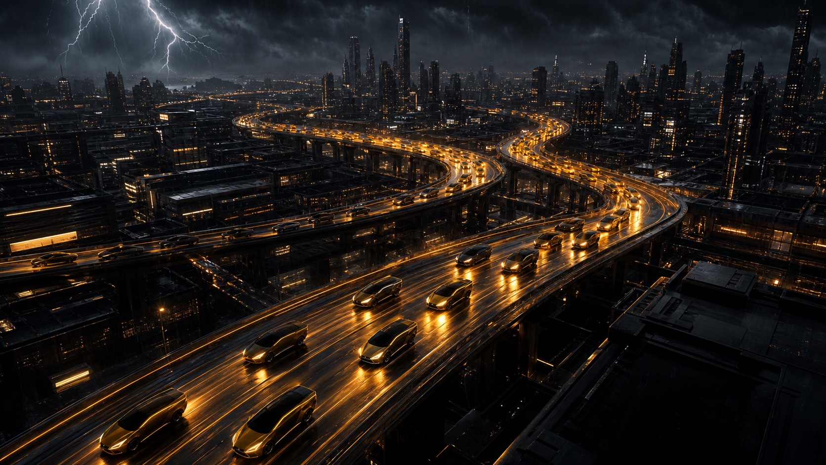 A vast fleet of cybercabs moving across a futuristic city