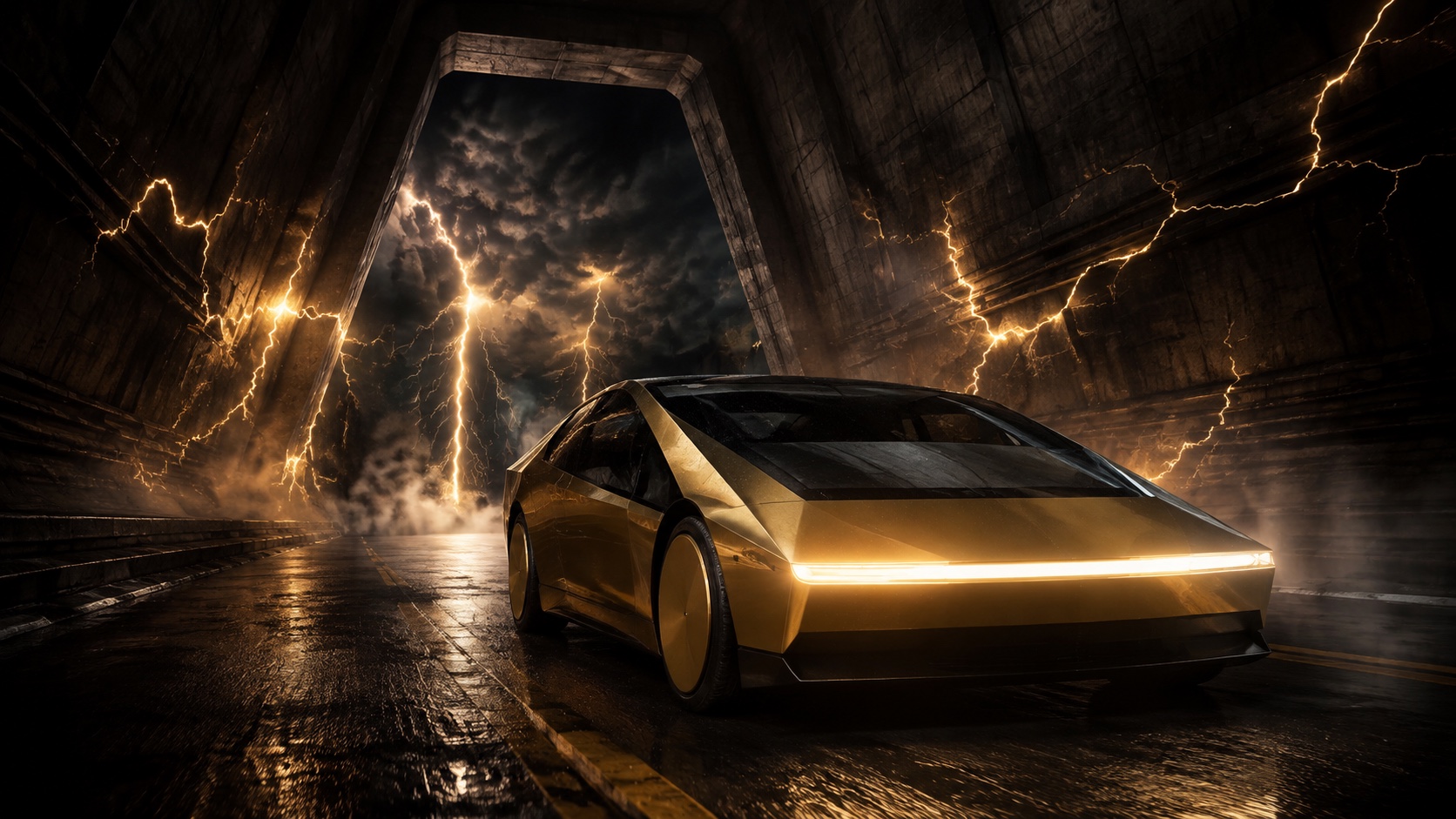 A gold cybercab emerging from an electrical storm